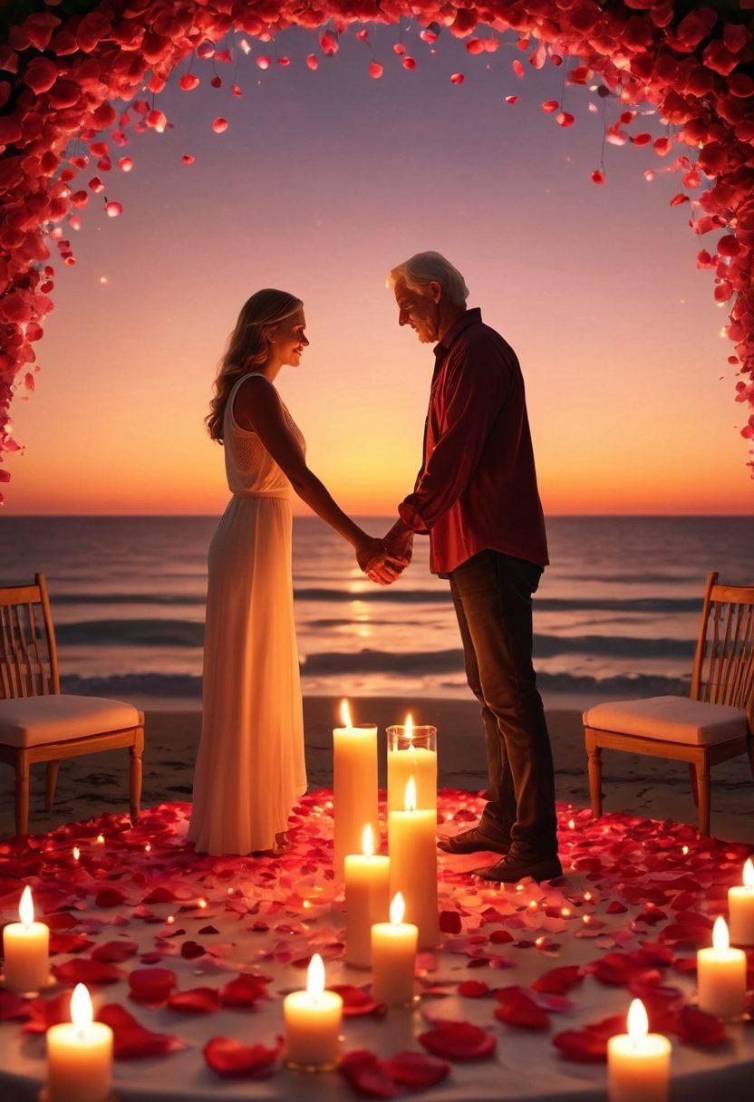 A loving couple sitting at a candle-lit dinner table, holding hands and smiling, surrounded by rose petals and soft glowing lights. In the background, scenes of healthy relationships, from a couple walking on the beach to an older couple dancing. Super-realistic. Warm, romantic colors. Dreamy ambience.