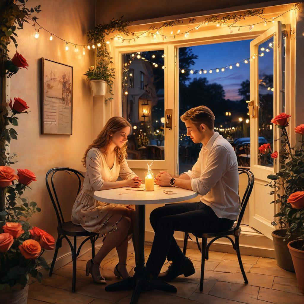A cozy vintage café with a couple in the foreground, lovingly holding hands and sharing a heartfelt gaze. Background filled with romantic touches like fairy lights, handwritten letters, and roses. Sunset golden light envelops the scene, casting a warm, intimate glow. Painting. vibrant colors.