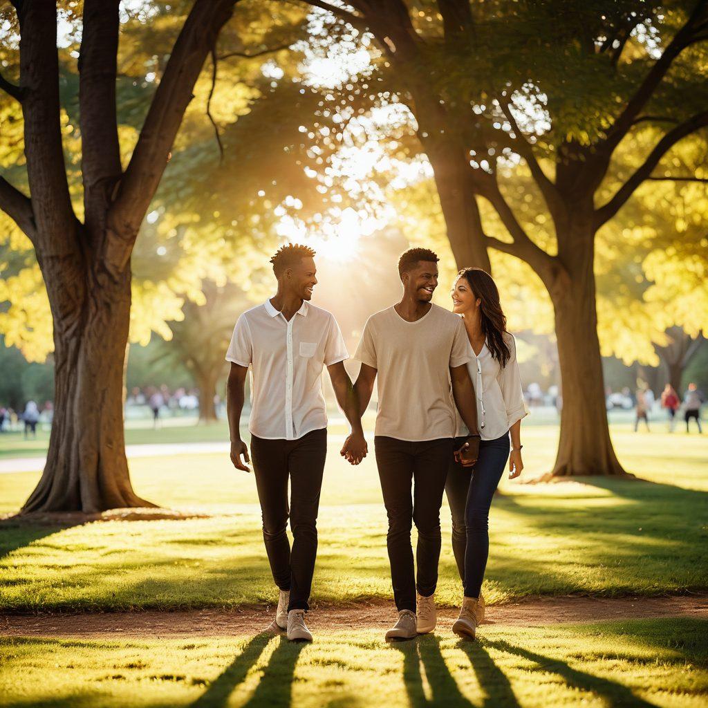 A couple holding hands and smiling while walking through a sunlit park, with soft-focus background showing other couples and families enjoying their time. Golden hour lighting with glowing rays filtering through the trees, exuding warmth and happiness. Super-realistic. Vibrant colors. Soft-focus background.